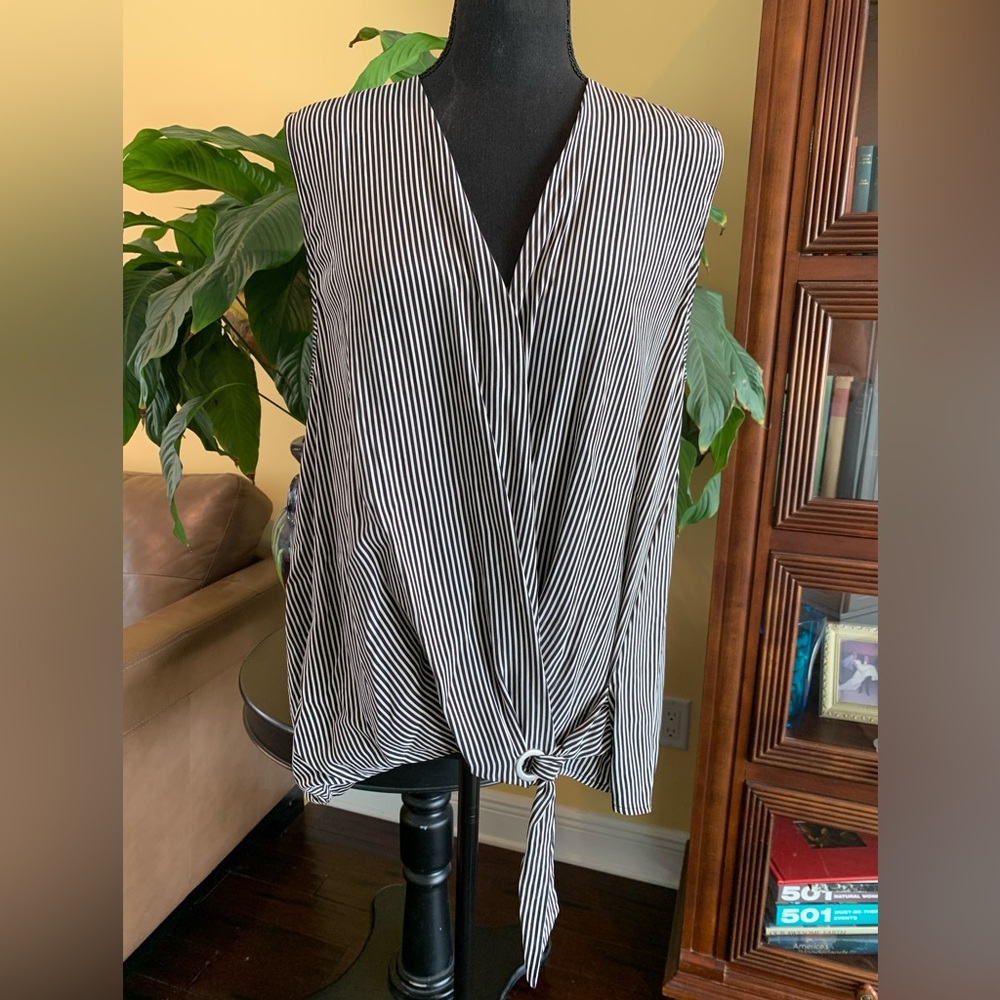Rag & Bone 100% silk Striped Sleeveless Blouse, faux wrap/crossover front-large